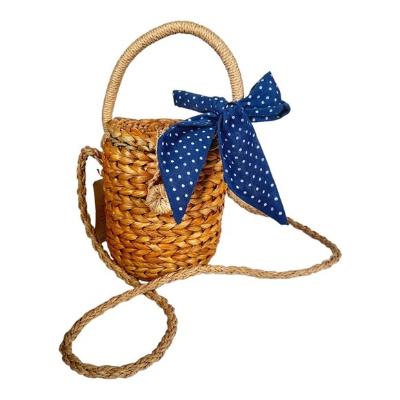 Most Wanted Paper Straw Bucket Bag Polka Dot Bow Crossbody Rattan - Picture 2 of 9